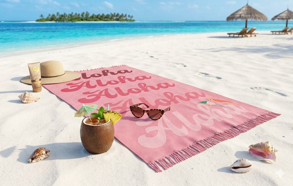MODA NWT Aloha Rectangle Beach Towel Fringe BLANKET  Pink Red Pool Cruise large